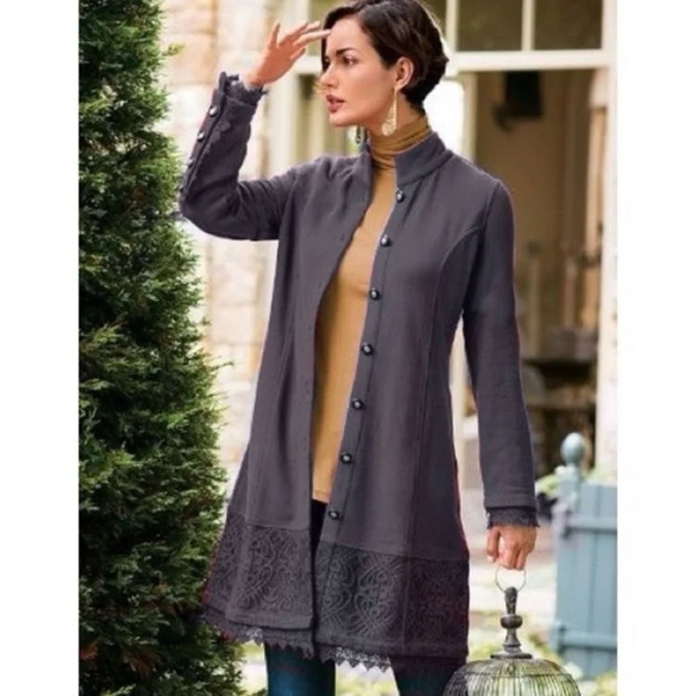 Soft Surroundings Lace Trim Chelsea Long Tunic Knit Jacket Grey Medium